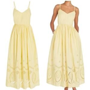 Calypso St Barth Butter Yellow Cotton Midi Dress Eyelet Boho Resort Feminine
